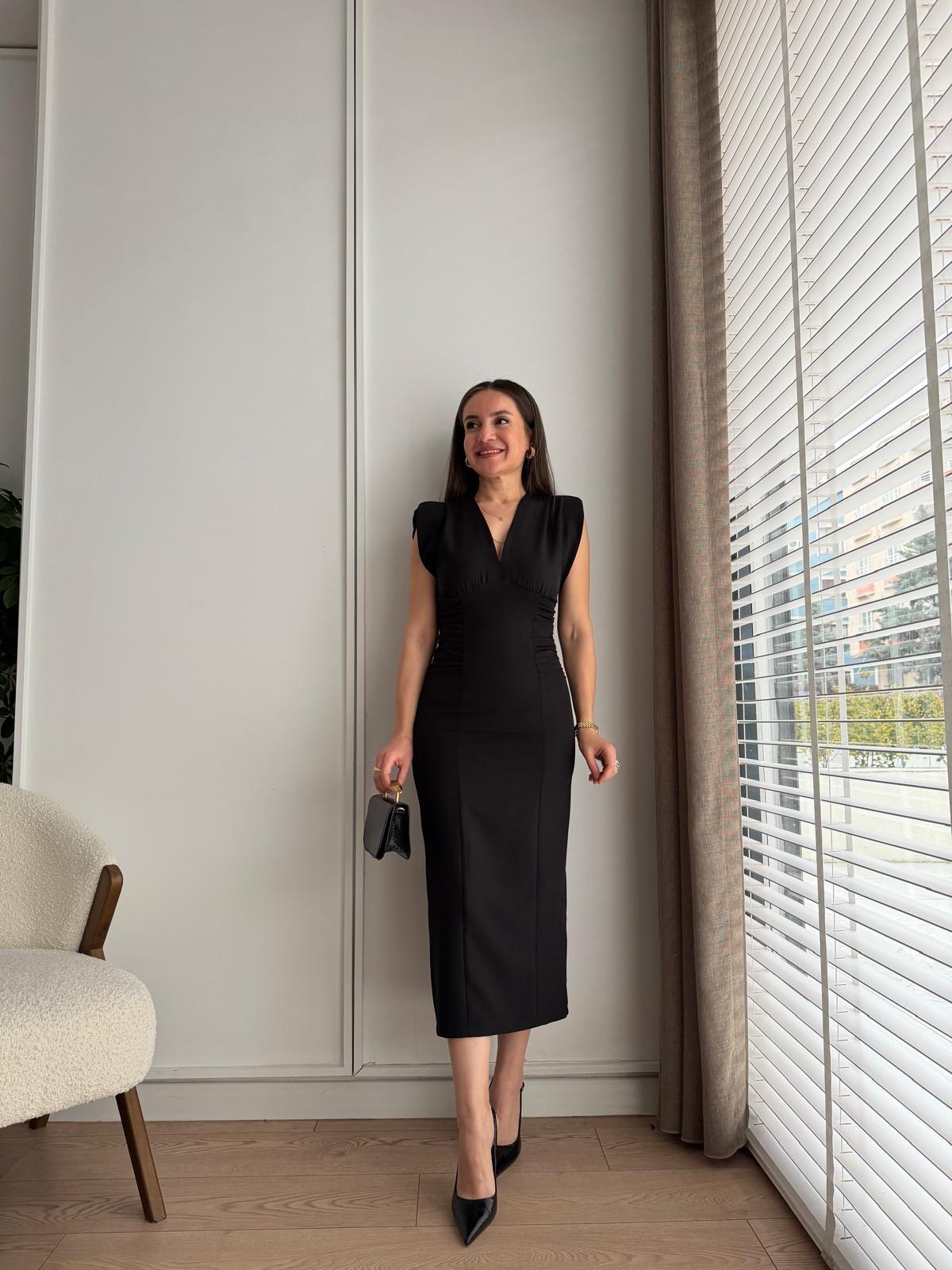 Siyah V Yaka Vatkalı Drapeli Elbise 0794