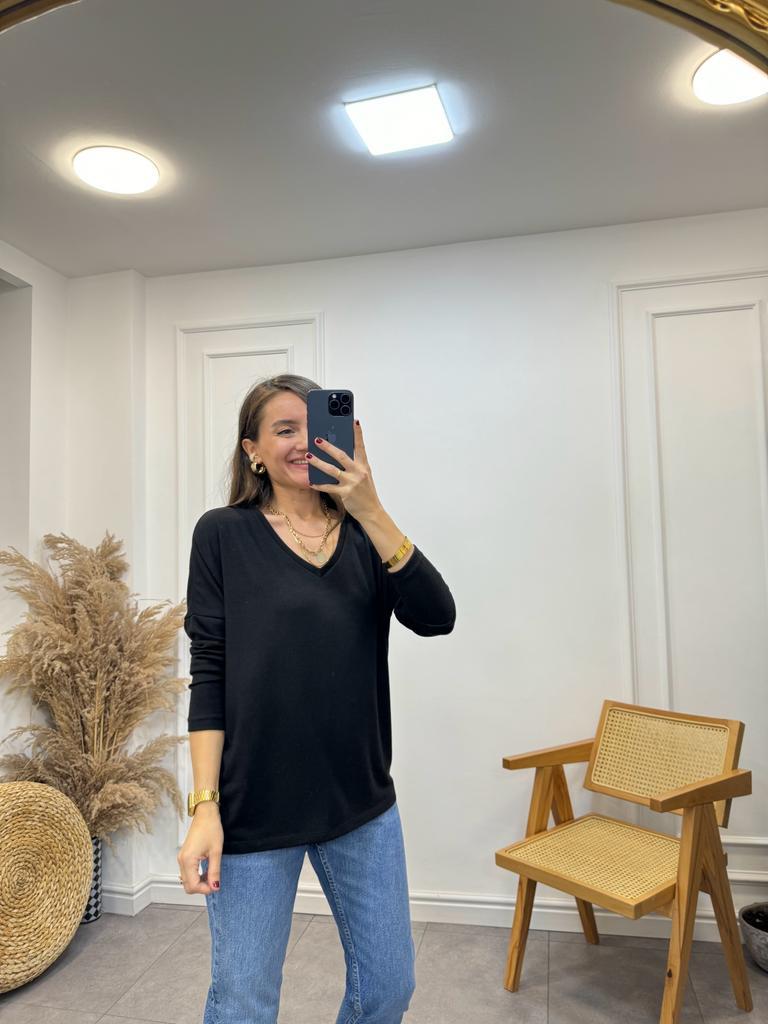 Siyah V Yaka Yumoş Triko Bluz 7590