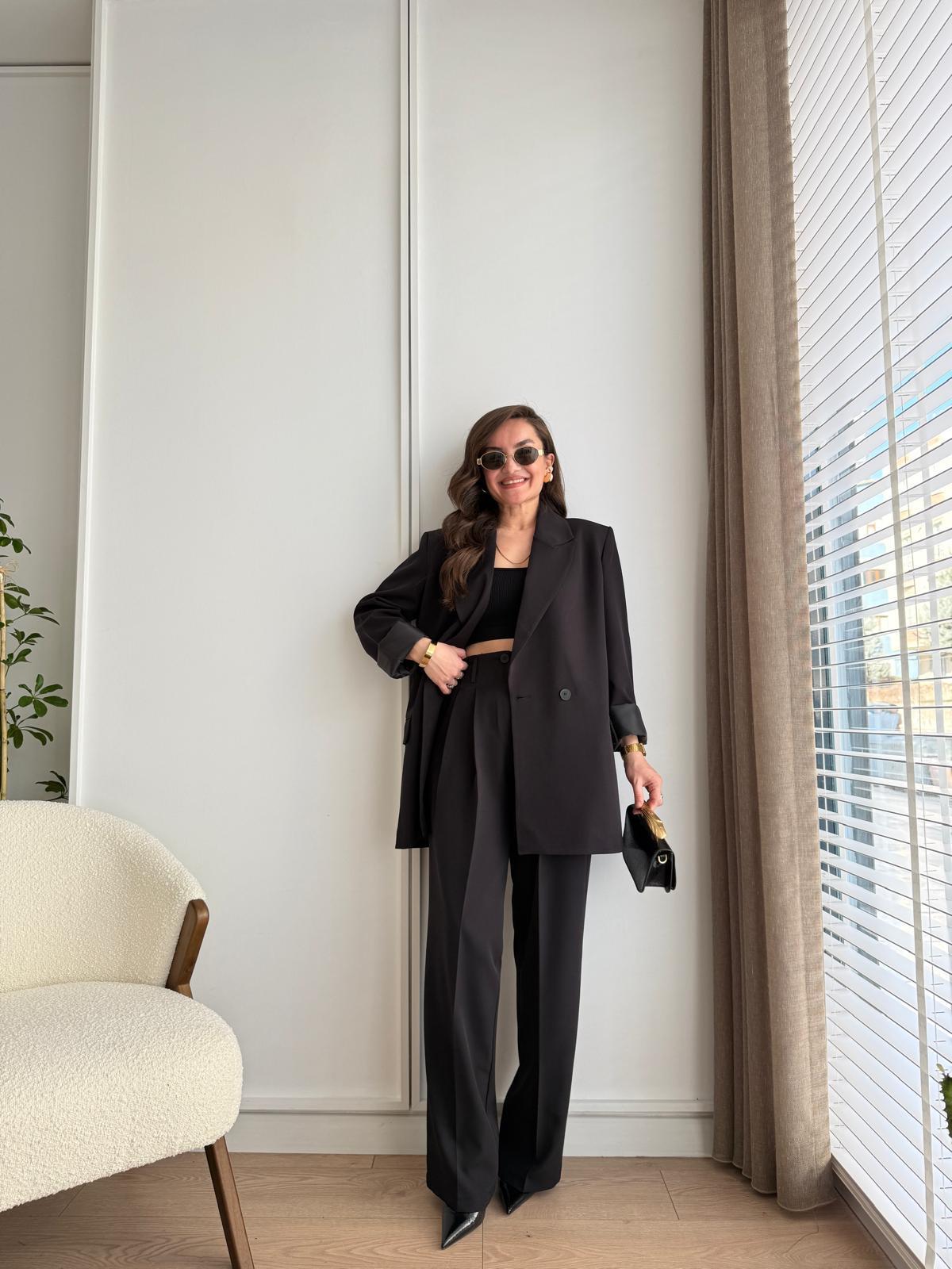 Siyah Vatkalı Düğmeli Blazer Ceket Pantolon Takım 98608