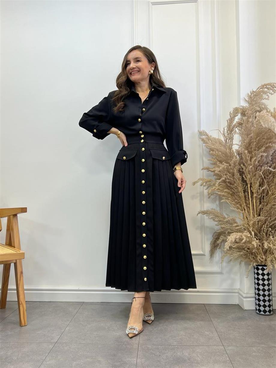 Siyah Vatkalı Piliseli Tasarım Midi Boy Gömlek Elbise 296113