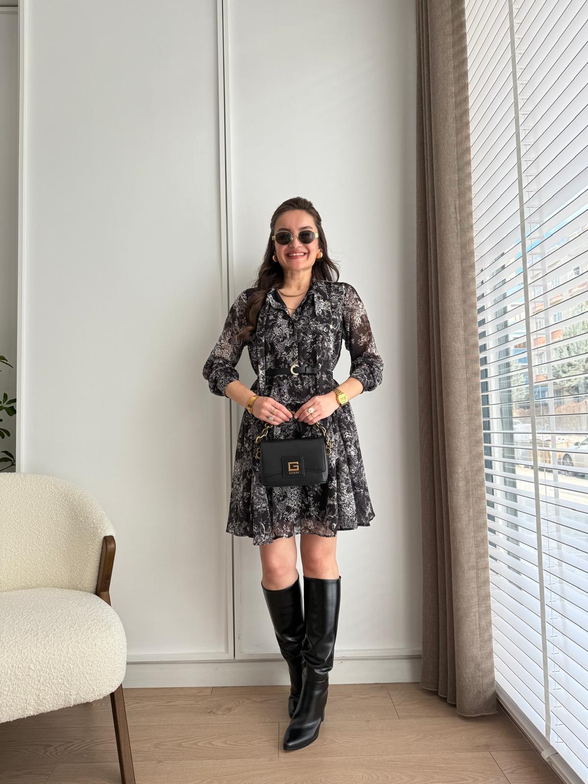 Siyah Yaka Bağlama Detaylı Şifon Elbise 1258