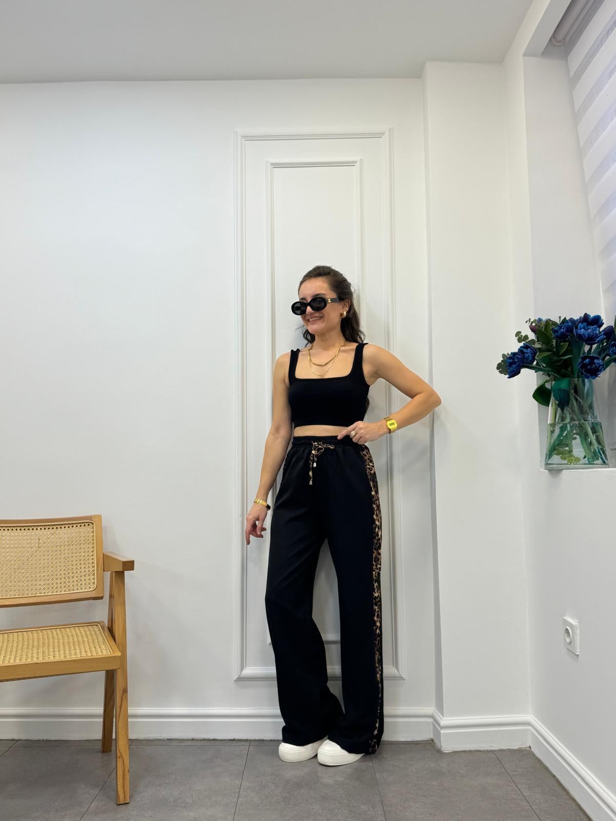 Siyah Yan Leopar Şeritli Tasarım Palazzo Pantolon 35451