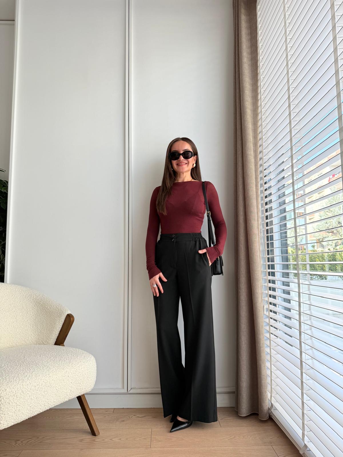 Siyah Yandan Lastikli Çift Düğmeli Palazzo Pantolon 9005