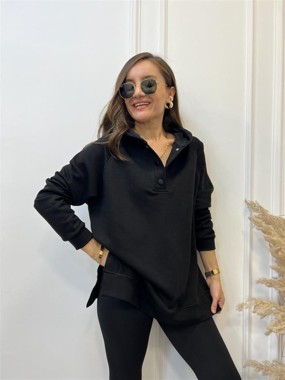 Siyah Yandan Yırtmaçlı Çıtçıtlı Kapüşonlu Sweatshirt 5048