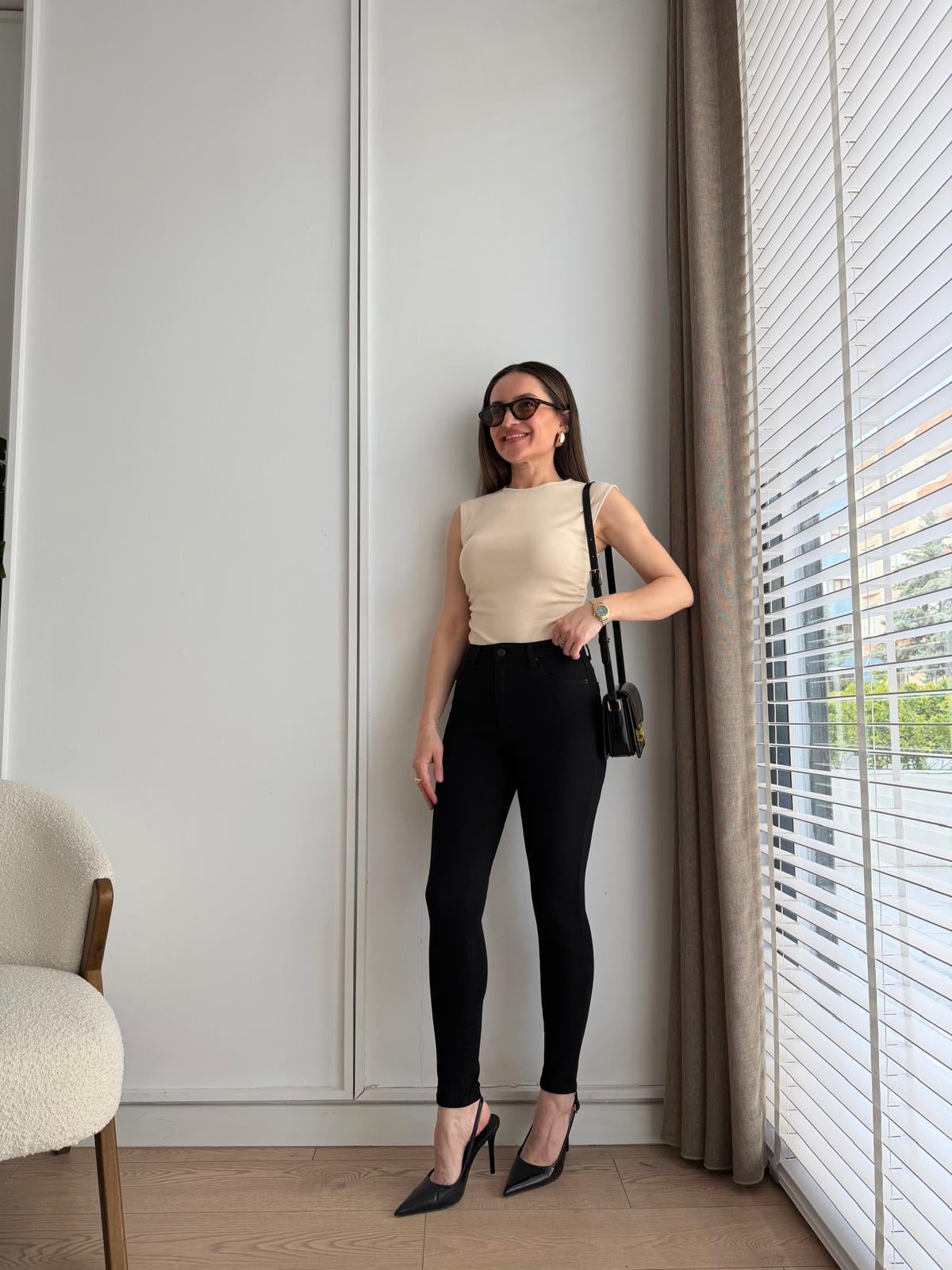 Siyah Yükek Bel Full Likralı Jean 7277