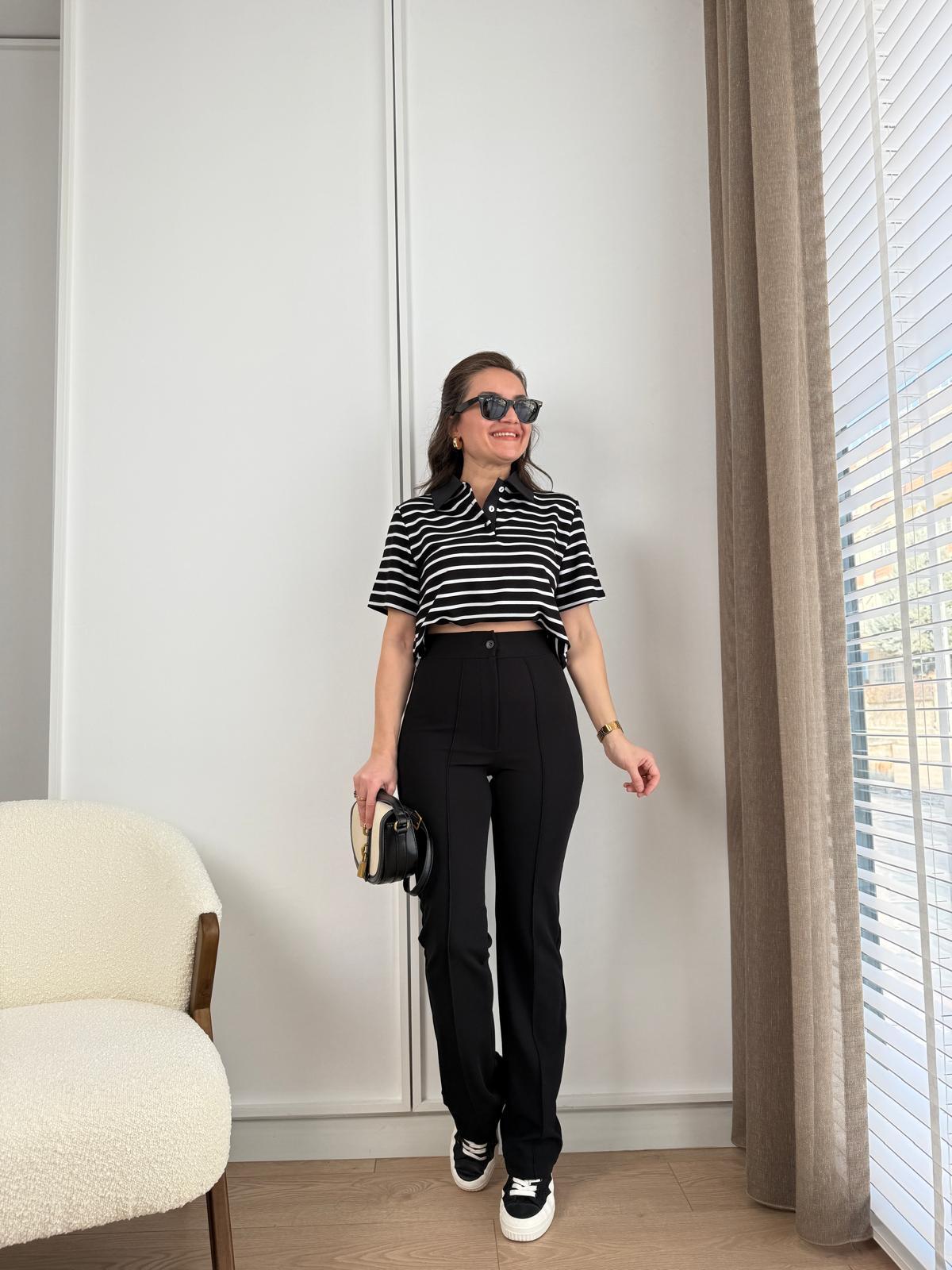 Siyah Yüksek Bel Full Likralı Çımalı İspanyol Pantolon 1710