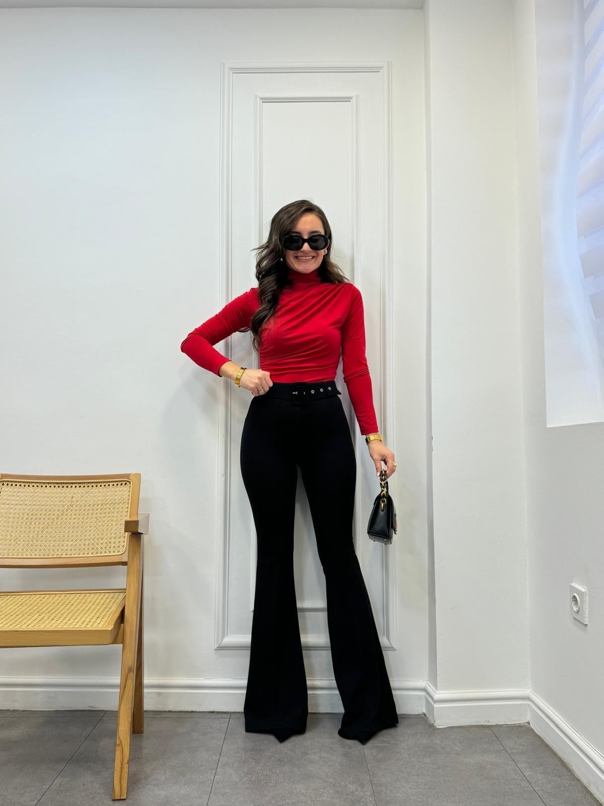 Siyah Yüksek Bel Kemerli İspanyol Pantolon 7001