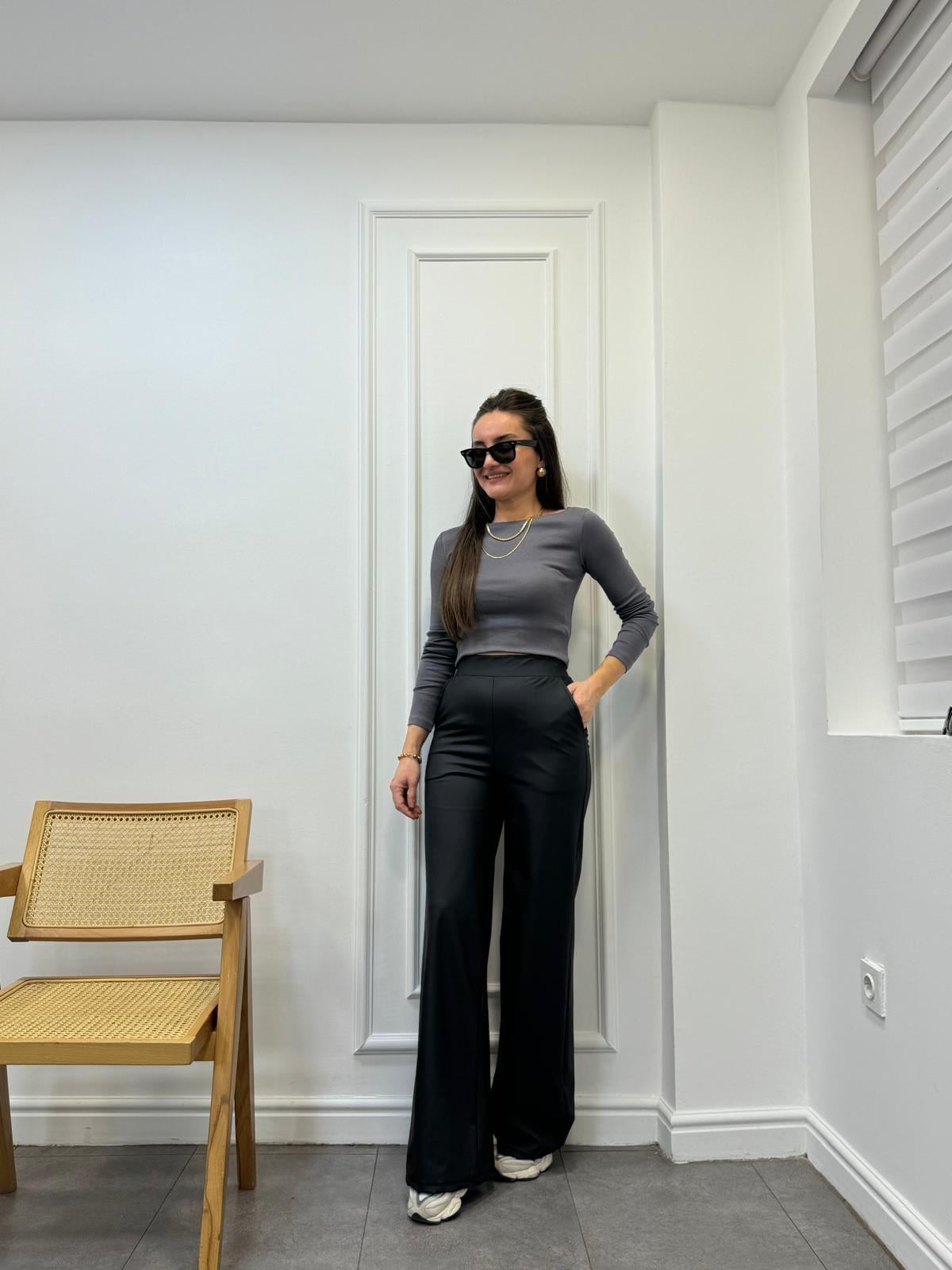 Siyah Yüksek Bel Mat Deri Palazzo Pantolon 1221