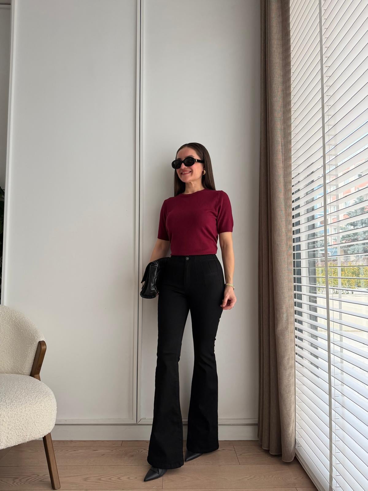 Siyah Yüksek Bel Pensli İspanyol Paça Jean 7021