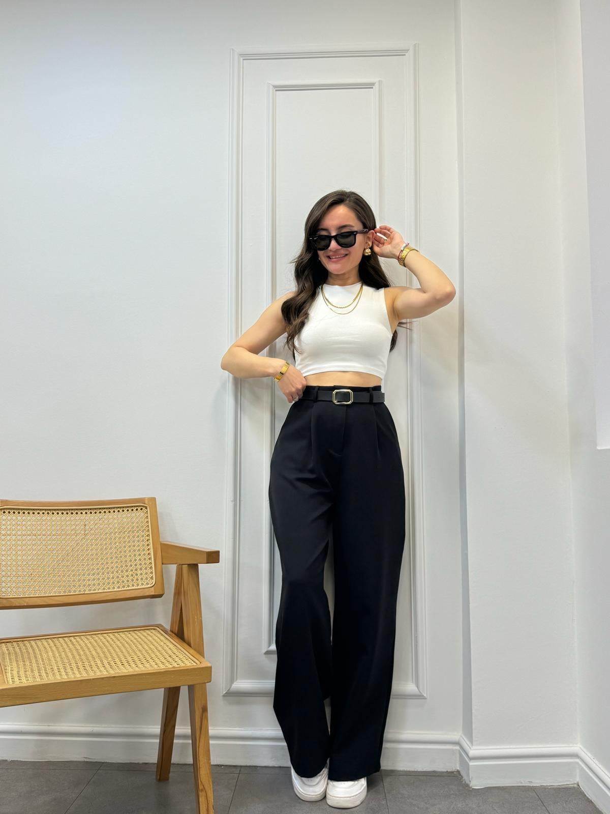 Siyah Yüksel Bel Pileli Orijinal Palazzo Pantolon 0504