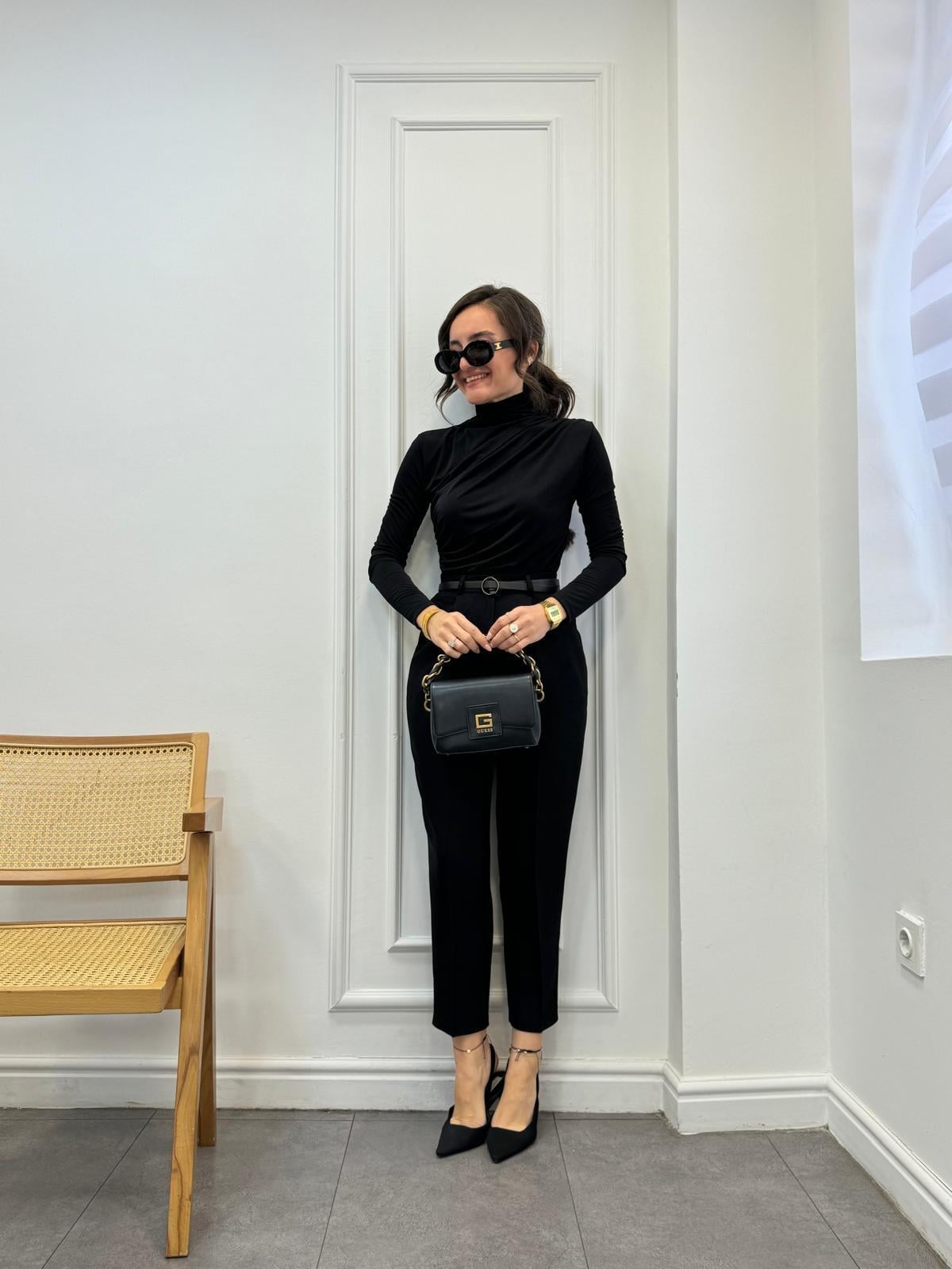 Siyah Yün Efekt Kemerli Lastikli Kumaş Pantolon 0651