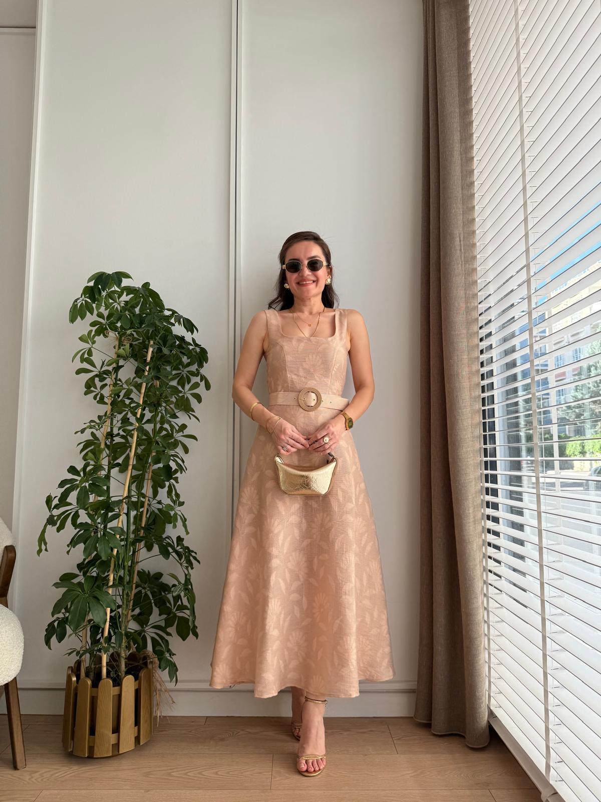 Somon Kendinden Desenli Kare Yaka Kemerli Elbise 8564