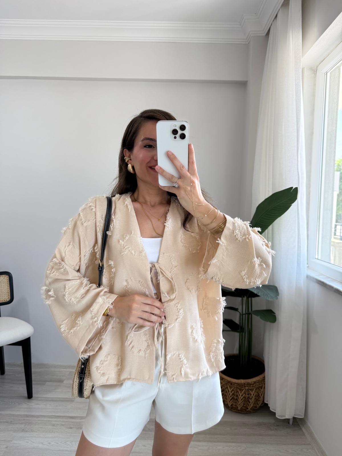 Somon Püskül Detaylı Ön Bağlamalı Kimono 7012