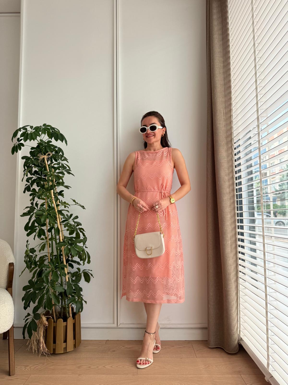 Somon Sıfır Kol Astarlı Ajurlu Elbise 22499