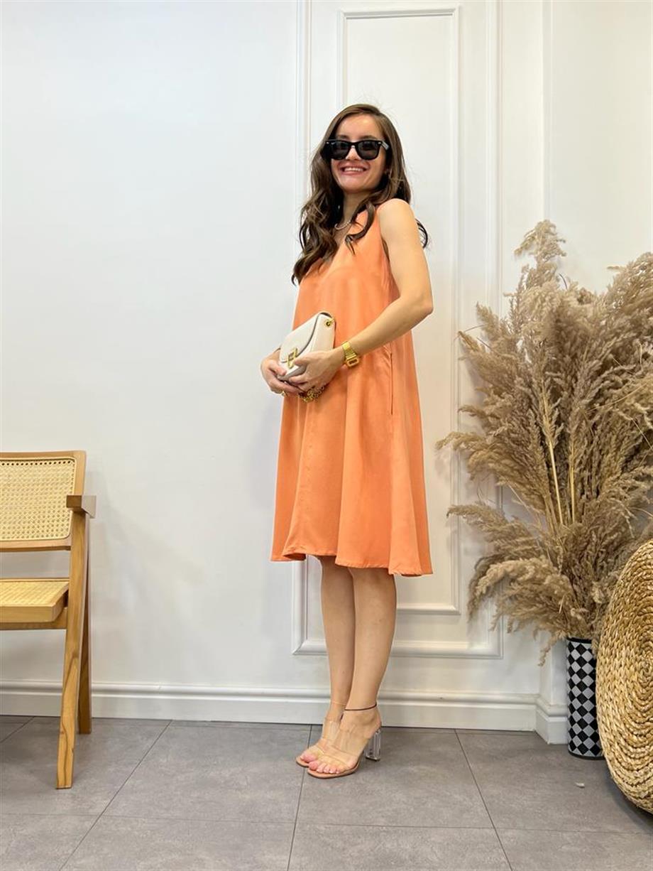 Somon V Yaka Sıfır Kol Elbise 04