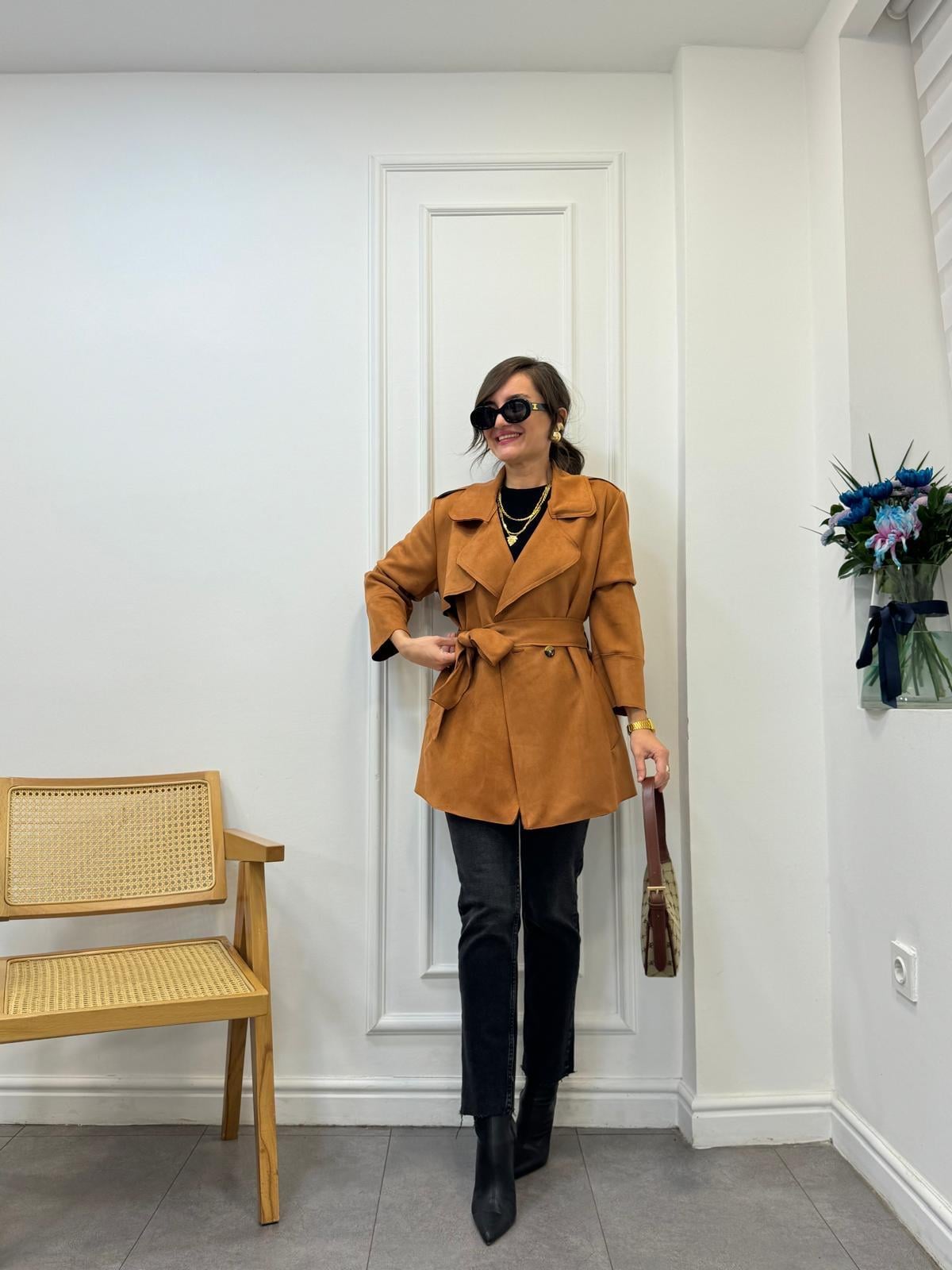 Taba Kuşaklı Lüx Kalite Süet Trençkot 24277