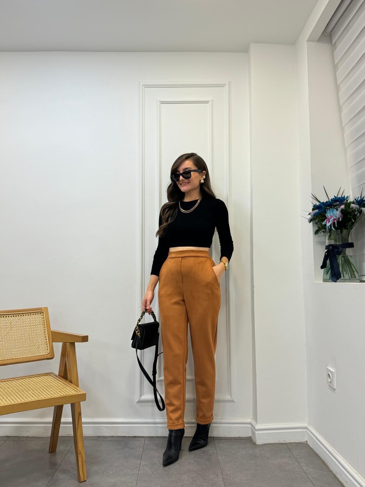 Taba Lüx Kalite Bel Lastikli Double Paça Süet Pantolon 24284