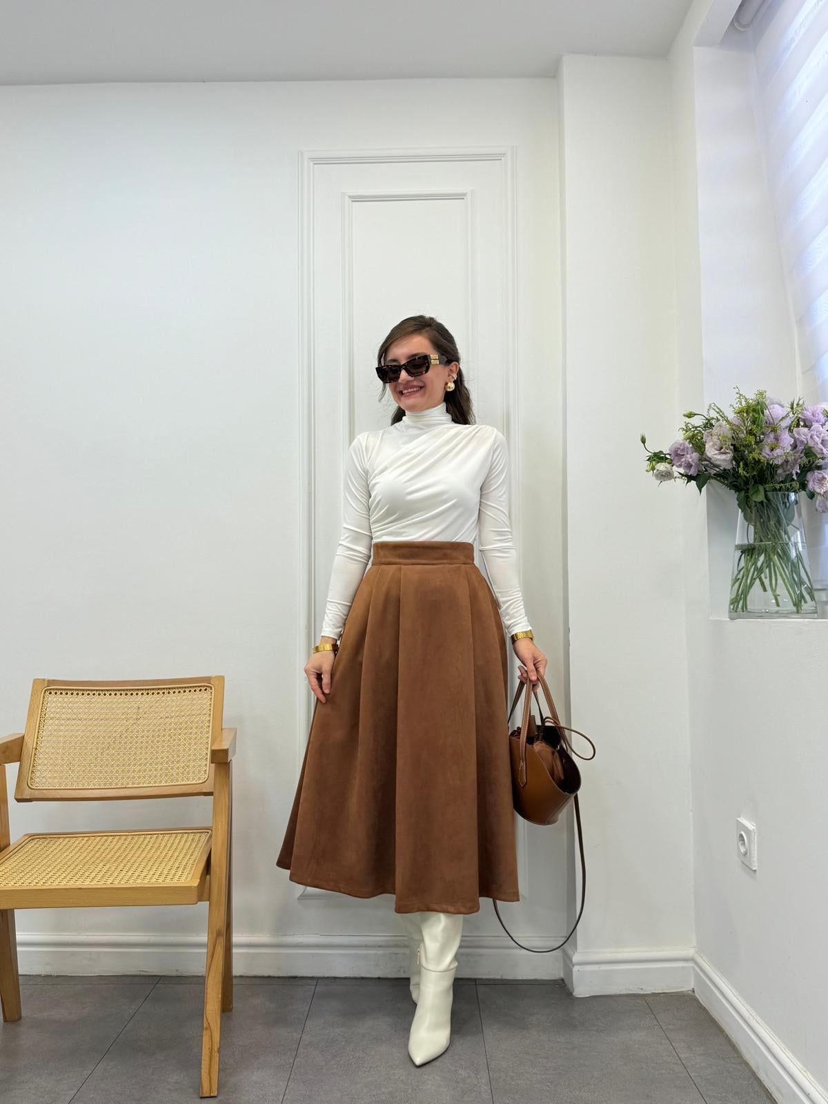 Taba Premıum Kalite Süet Cepli Balon Etek 241043