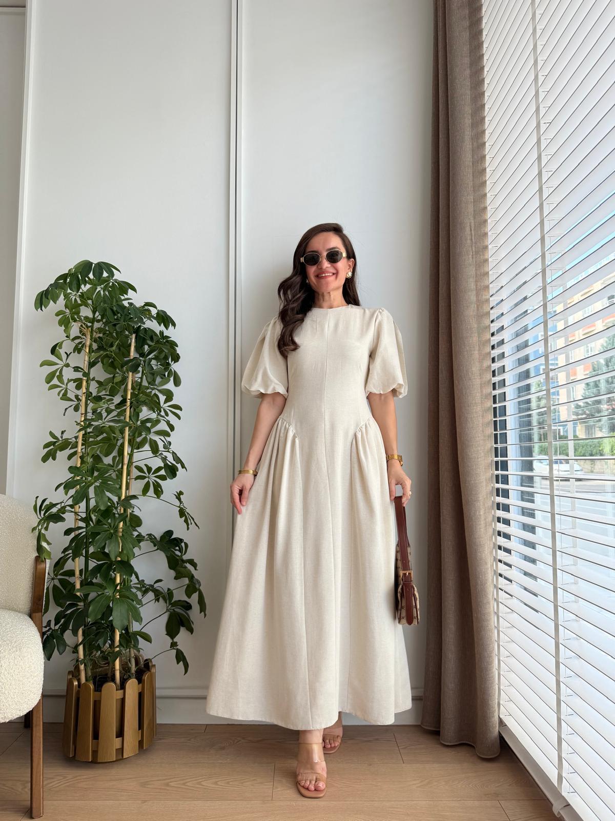 Taş Arkadan Bağlamalı Yanı Büzgülü Keten Elbise 8909