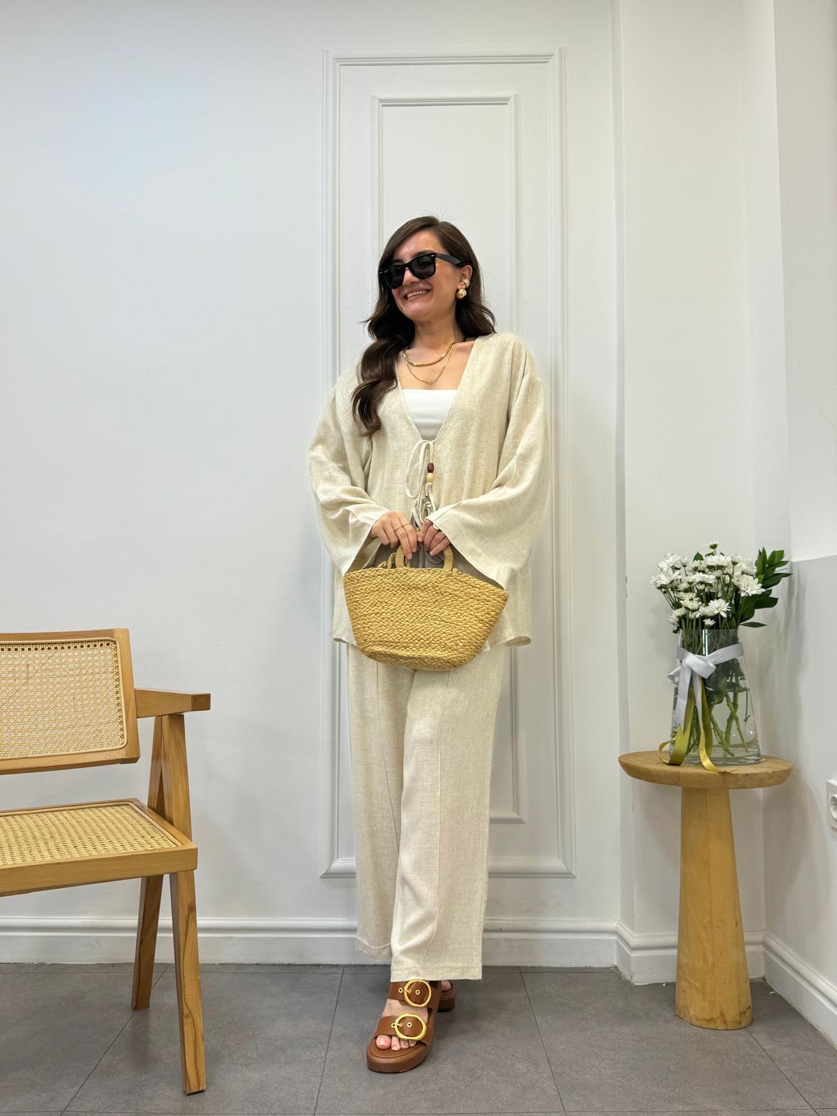 Taş Bağlama Detaylı Kimono Pantolon Takım 9262