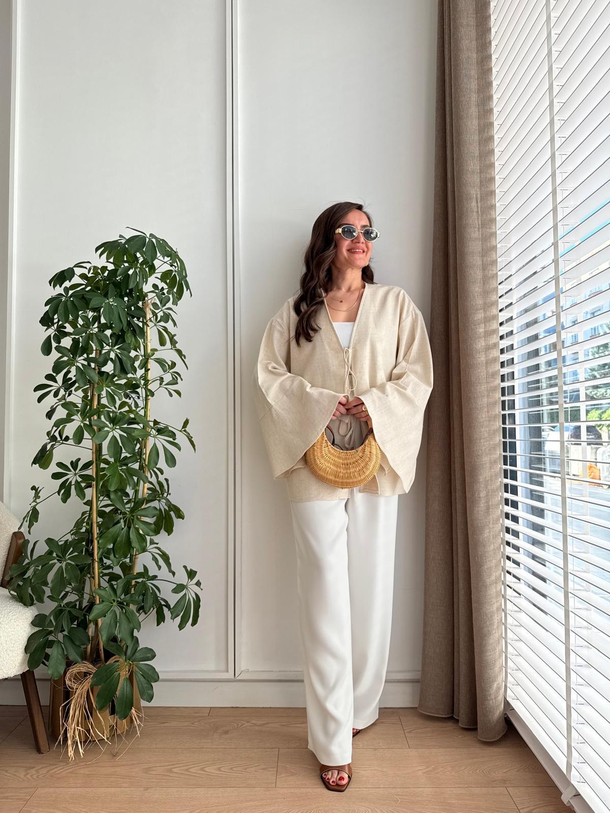 Taş Bağlamalı Keten Kimono Takım 5235