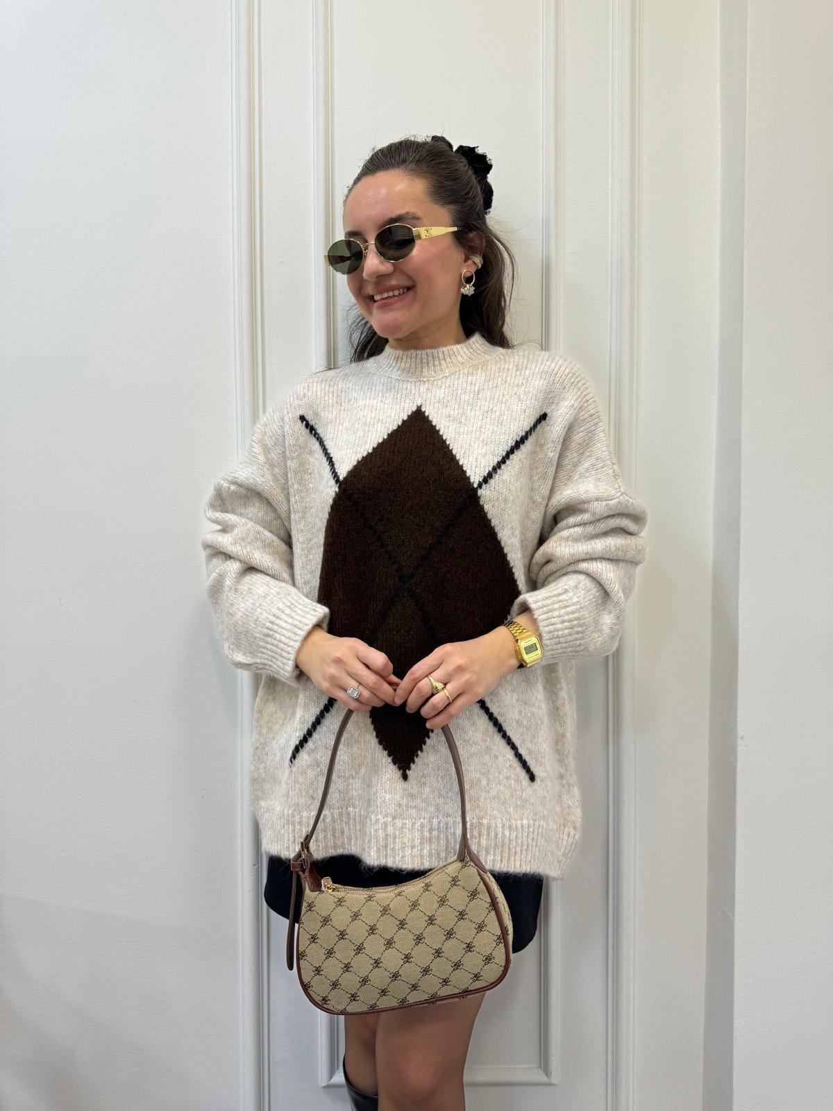 Taş Baklava Desen Dik Yaka Yumoş Triko Kazak 24767
