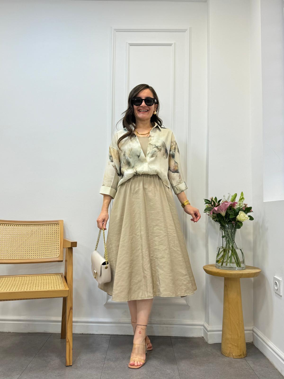 Taş Batik Desenli Gömlek Detaylı Elbise M53