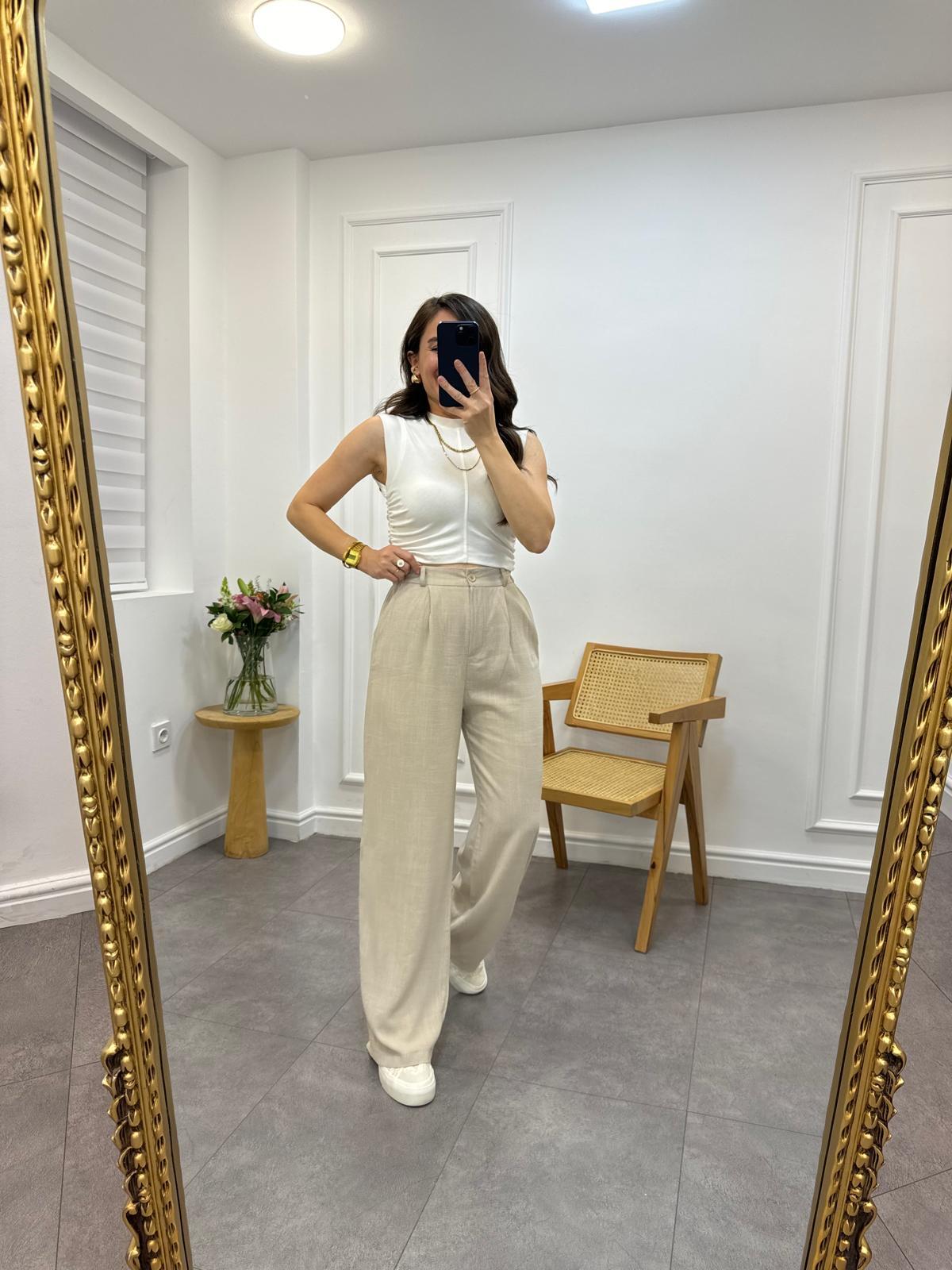 Taş Bel Lastikli Keten Düğmeli Palazzo Pantolon 3124