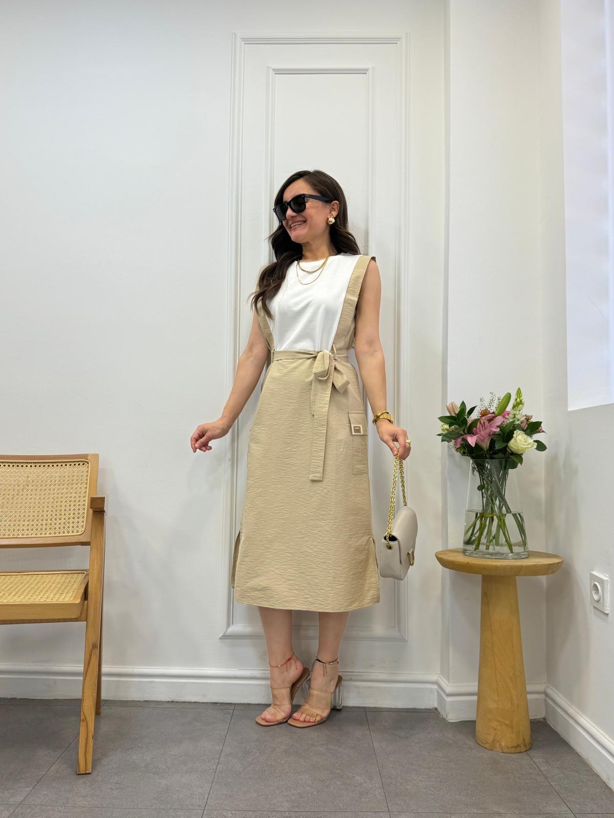 Taş Beli Kuşaklı Kargo Cepli Elbise M06