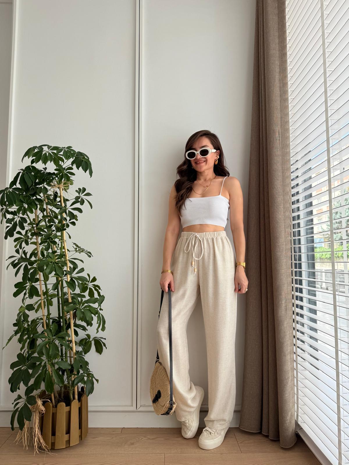 Taş Beli Lastikli Ham Keten Palazzo Pantolon 25158