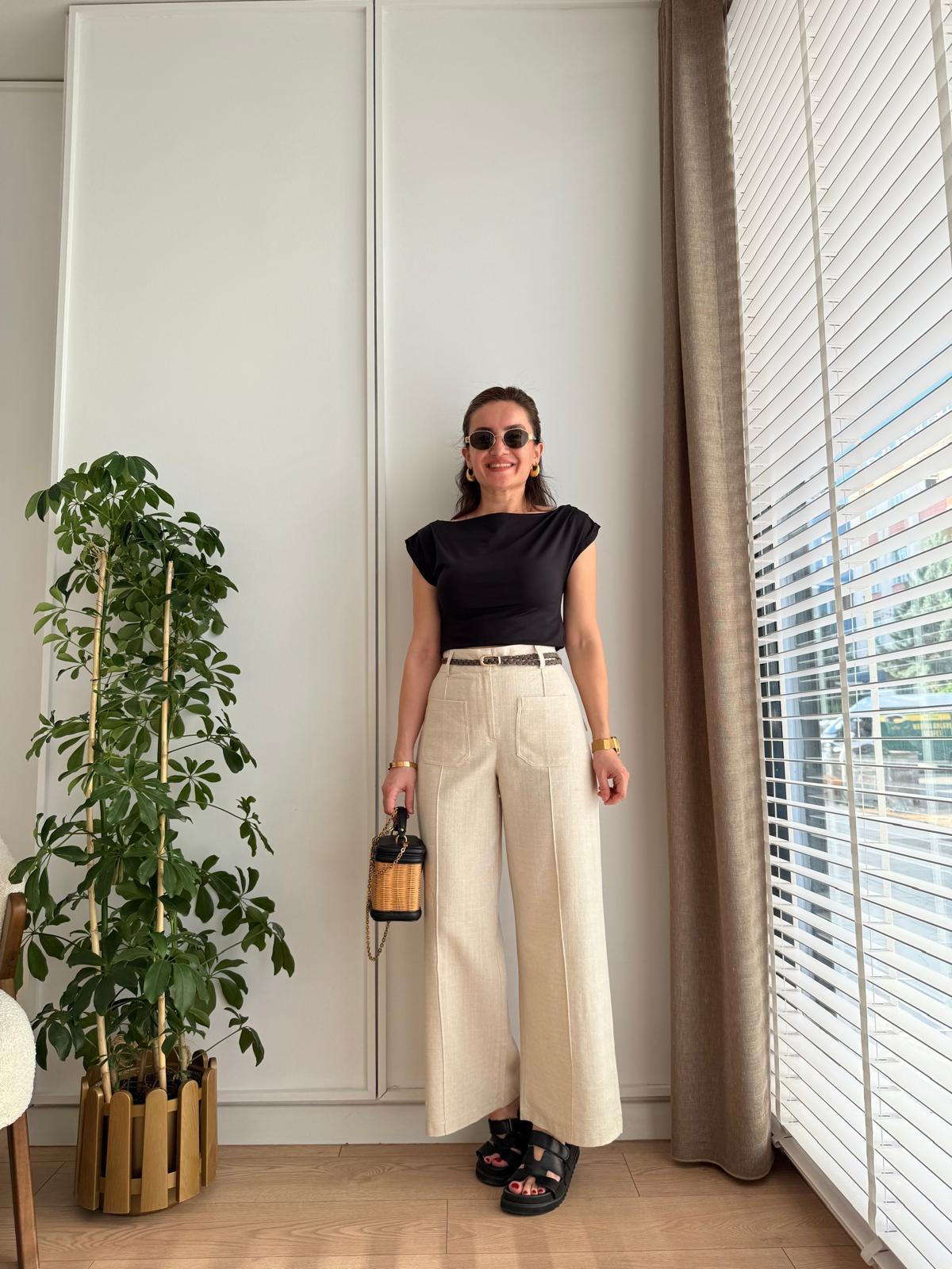 Taş Cepli Örgü Kemerli Keten Pantolon 3801