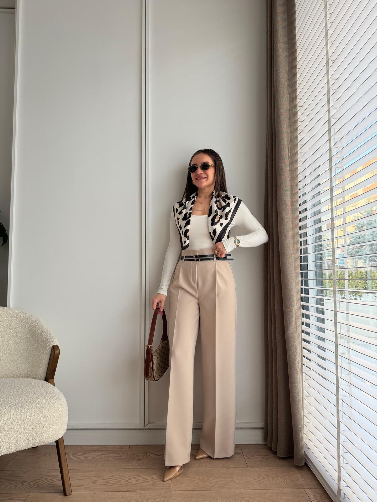 Taş Çift Kemerli Palazzo Pantolon 3663