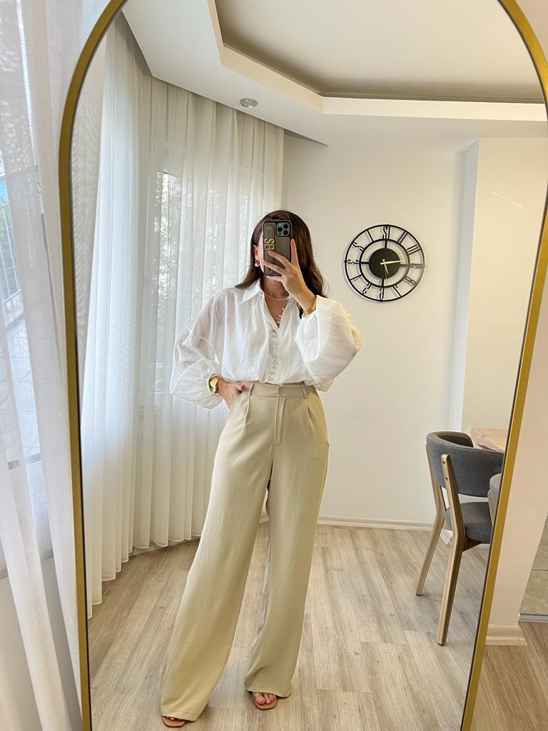 Taş Crep Kumaş Yüksek Bel Palazzo Pantolon 3957