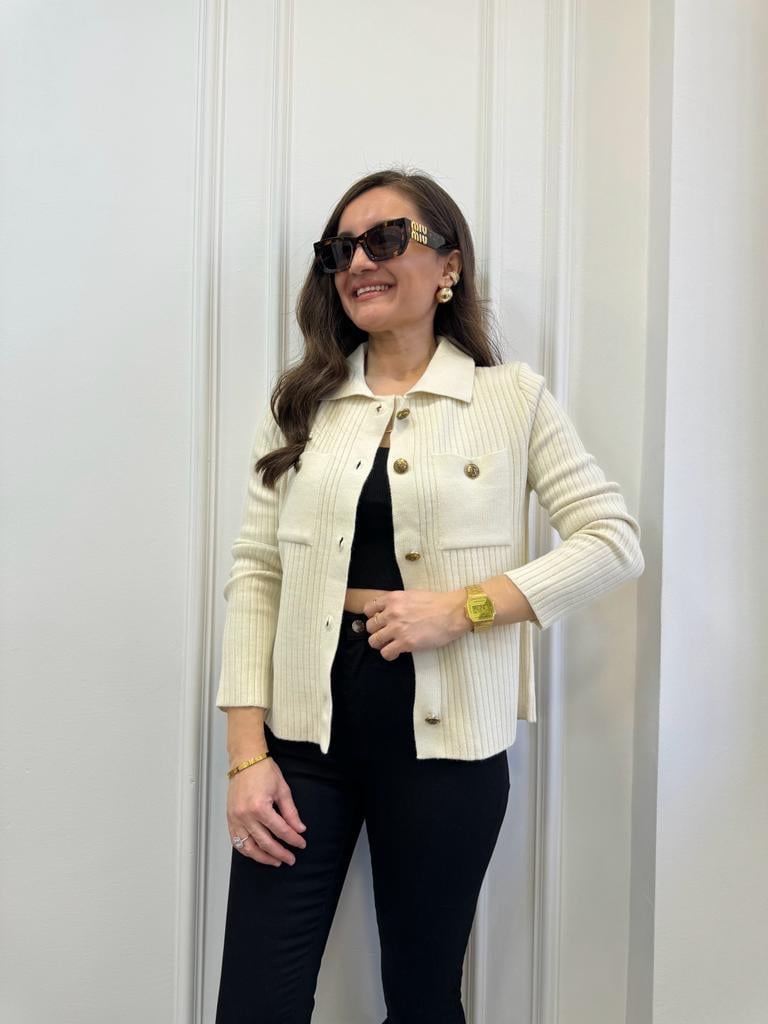 Taş Fitilli Polo Yaka Gold Düğme Detaylı Hırka 4061