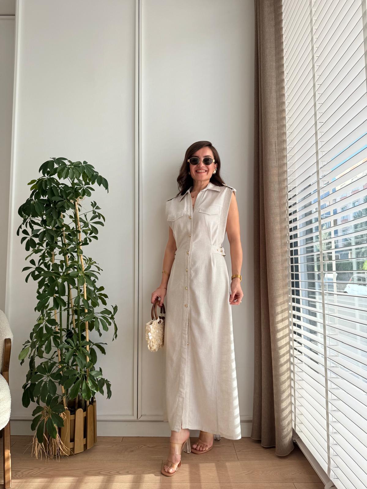 Taş Gold Düğmeli Bel Kemer Detaylı Midi Boy Elbise 36431