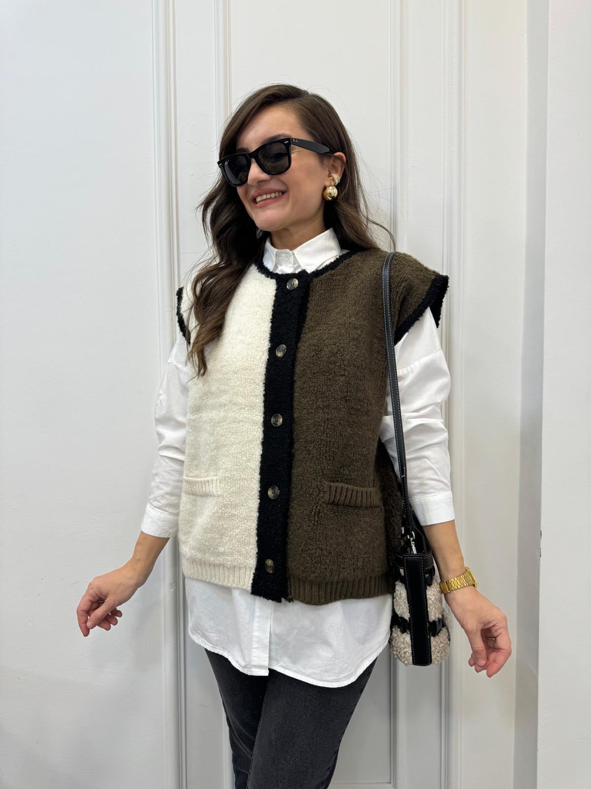 Taş İki Renkli Teddy Yelek 2388