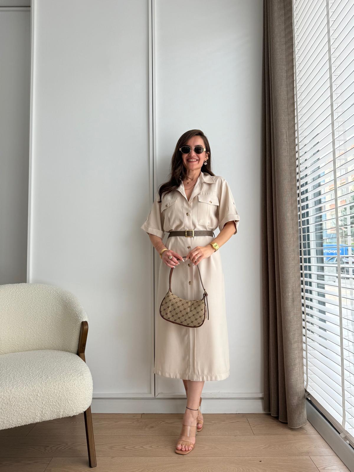 Taş Kemerli Cep Detaylı Gömlek Elbise 8118