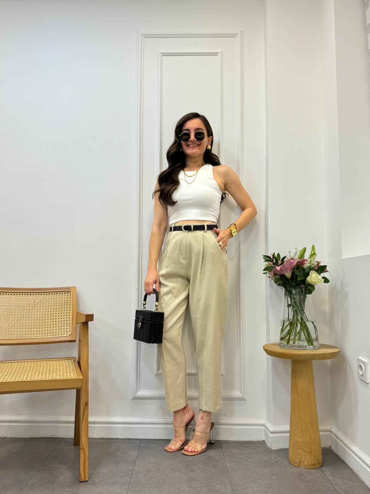 Taş Kemerli Keten Pantolon 50985