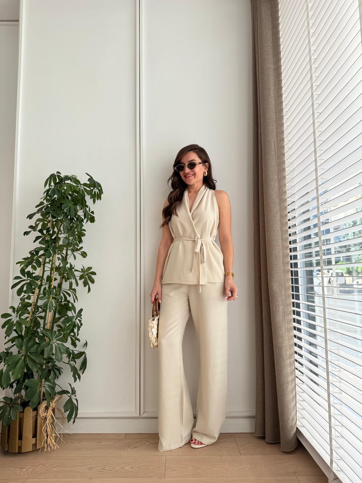 Taş Keten Bağlamalı Yelek Pantolon Takım 0243