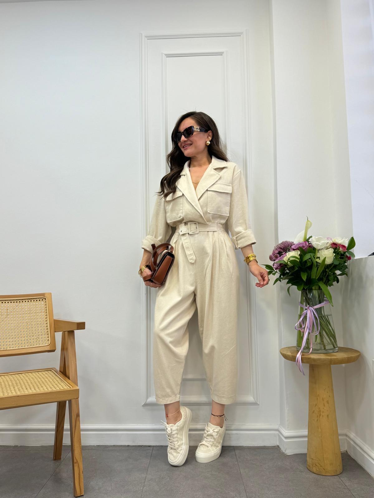 Taş Kruvaze Yaka Beli Lastikli Gabardin Tulum 50946