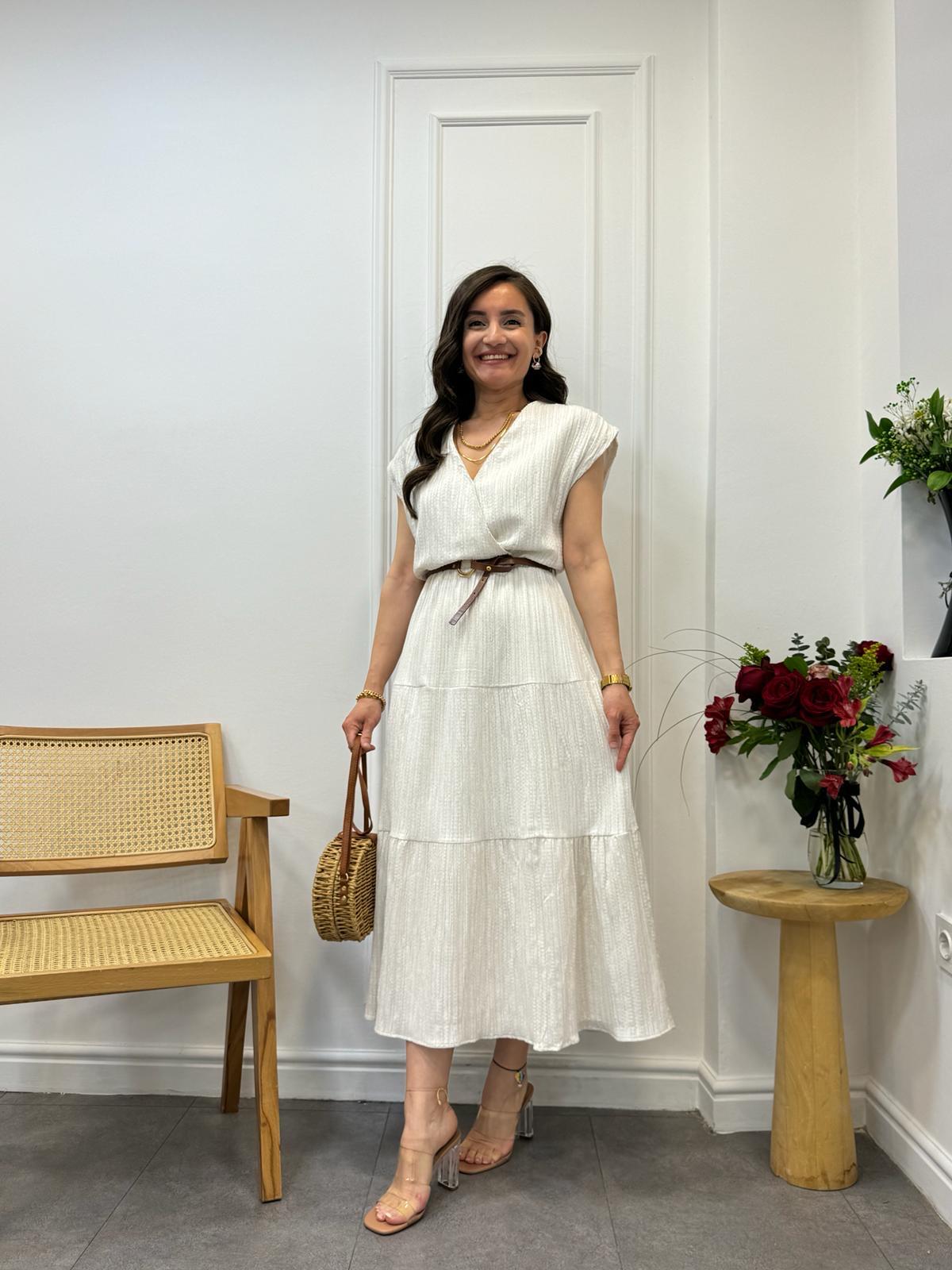 Taş Kruvaze Yaka Beli Lastikli Kemerli Elbise 5099