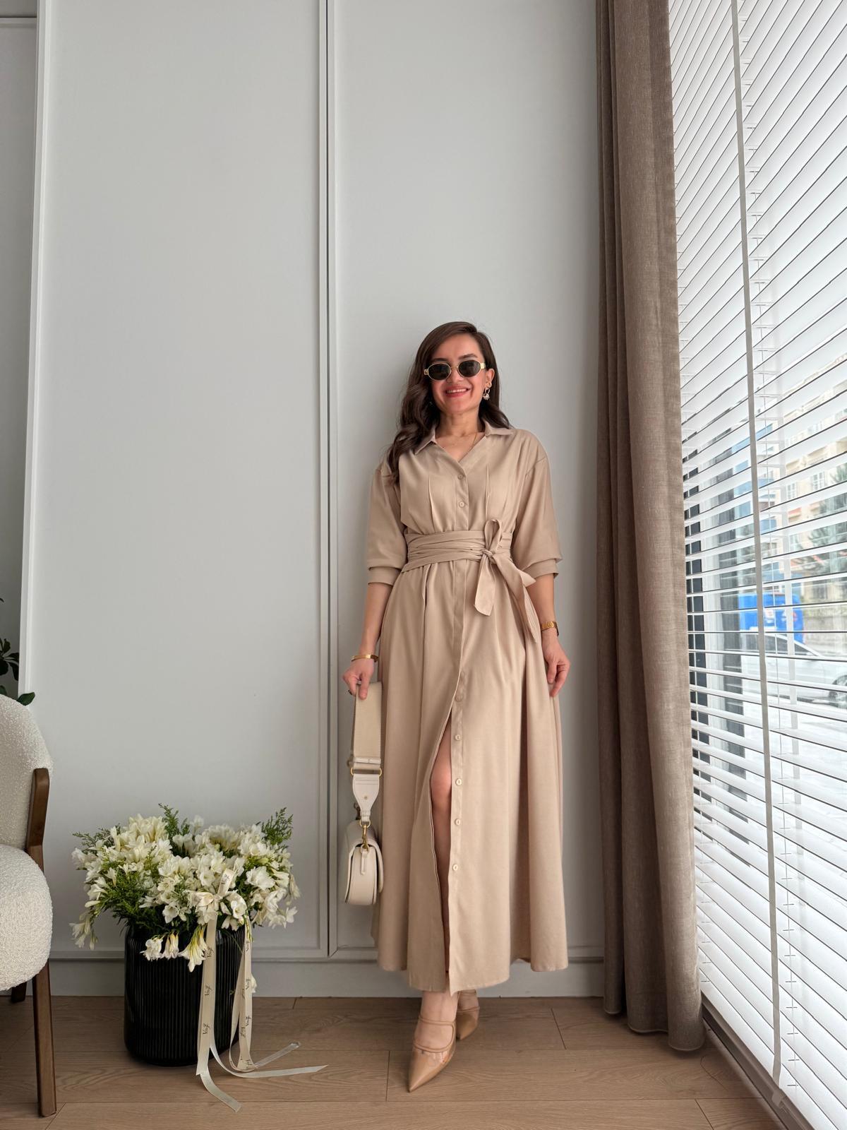 Taş Kuşak Bağlama Detaylı Gömlek Elbise 2272