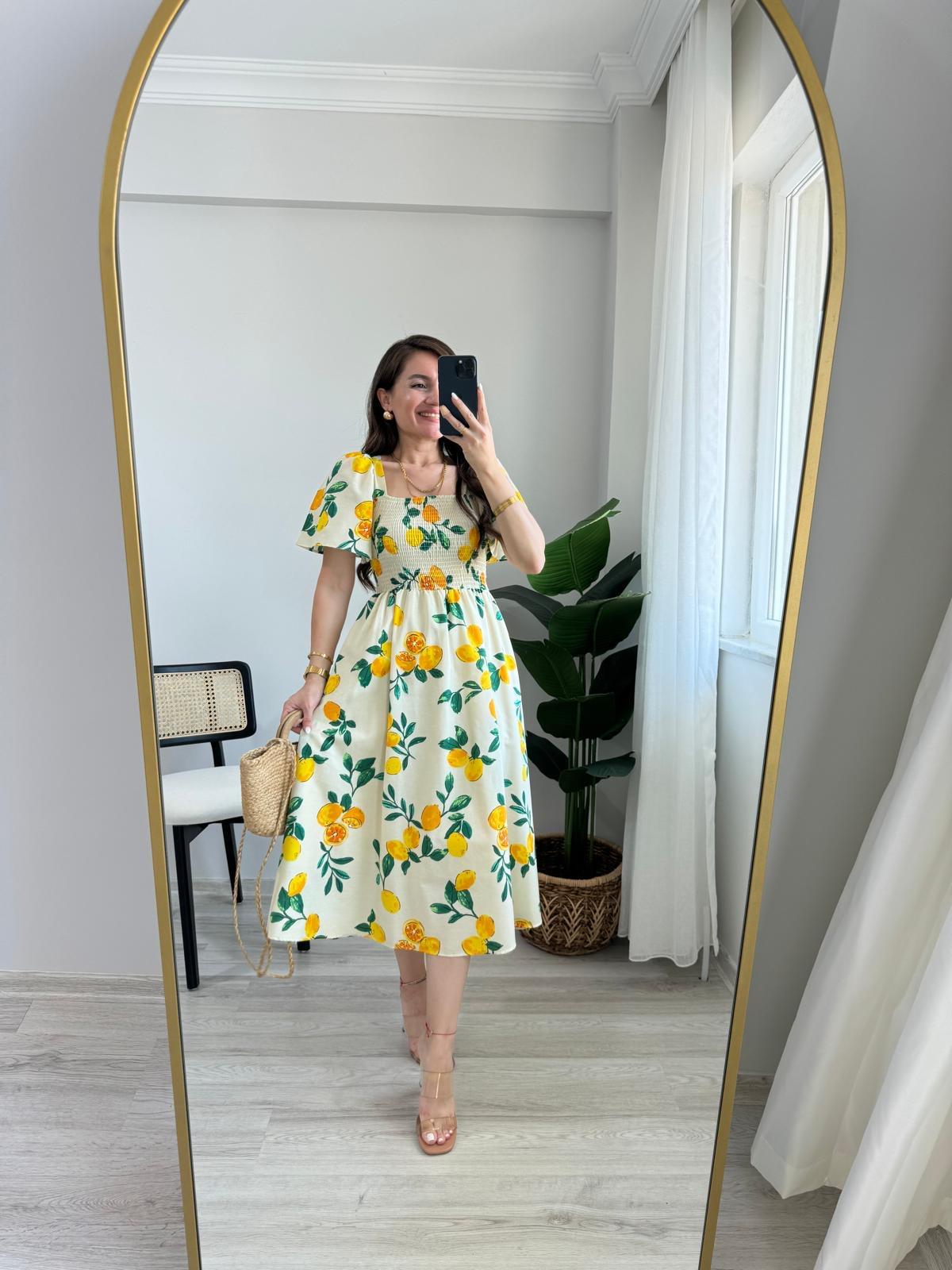 Taş Limon Desenli Gipeli Sırtı Bağcıklı Elbise 3111