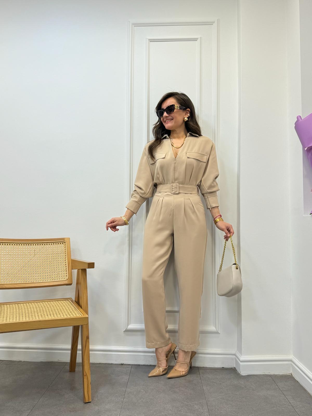 Taş Lüx Kalite Fermuar Detaylı Kemerli Tulum 50994