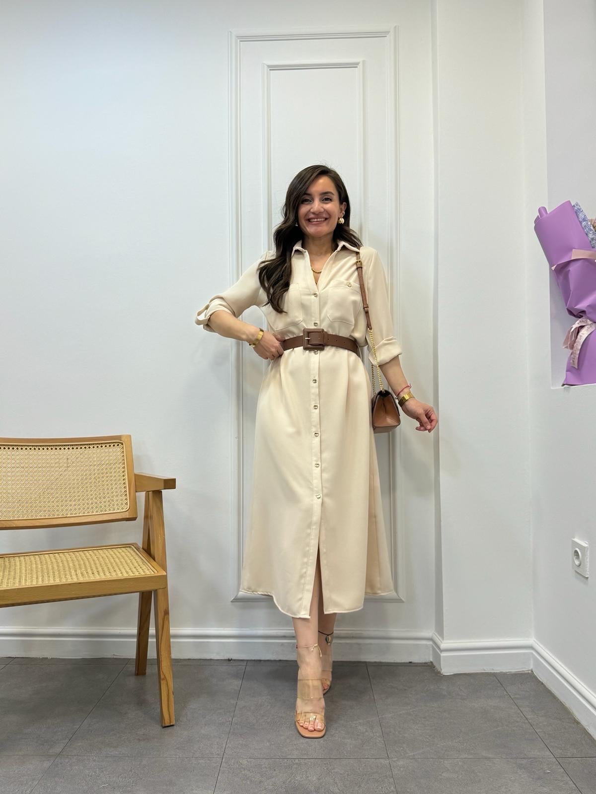 Taş Lüx Kalite Gold Düğmeli Kemerli Elbise 3159