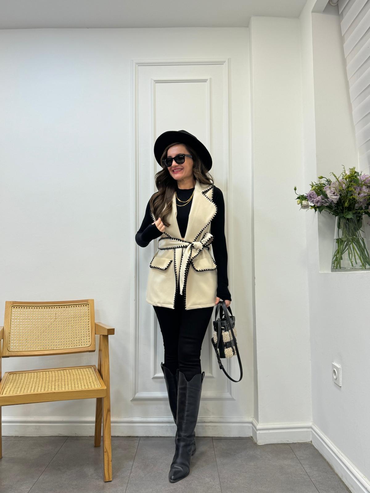 Taş Nubuk Nakış İşlemeli Kuşaklı Yelek 35125