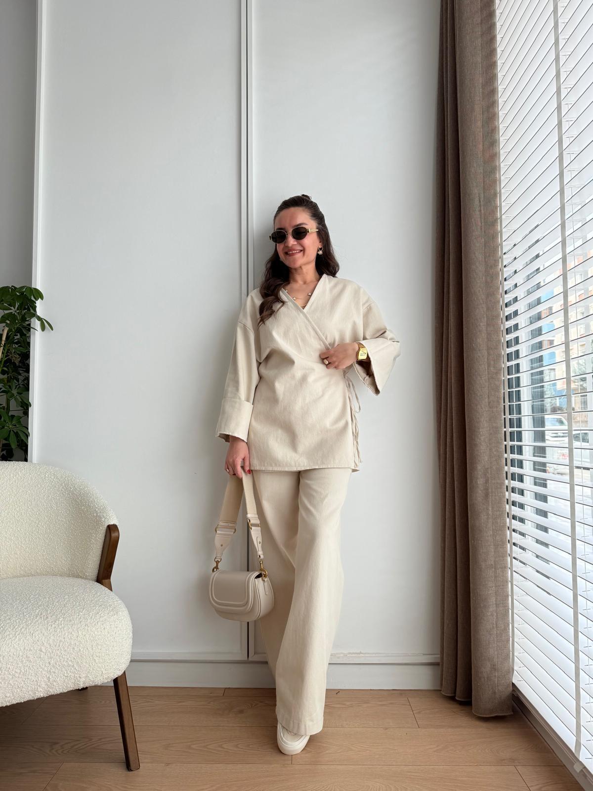 Taş Ön Bağlama Gabardin Kimono Takım 8629