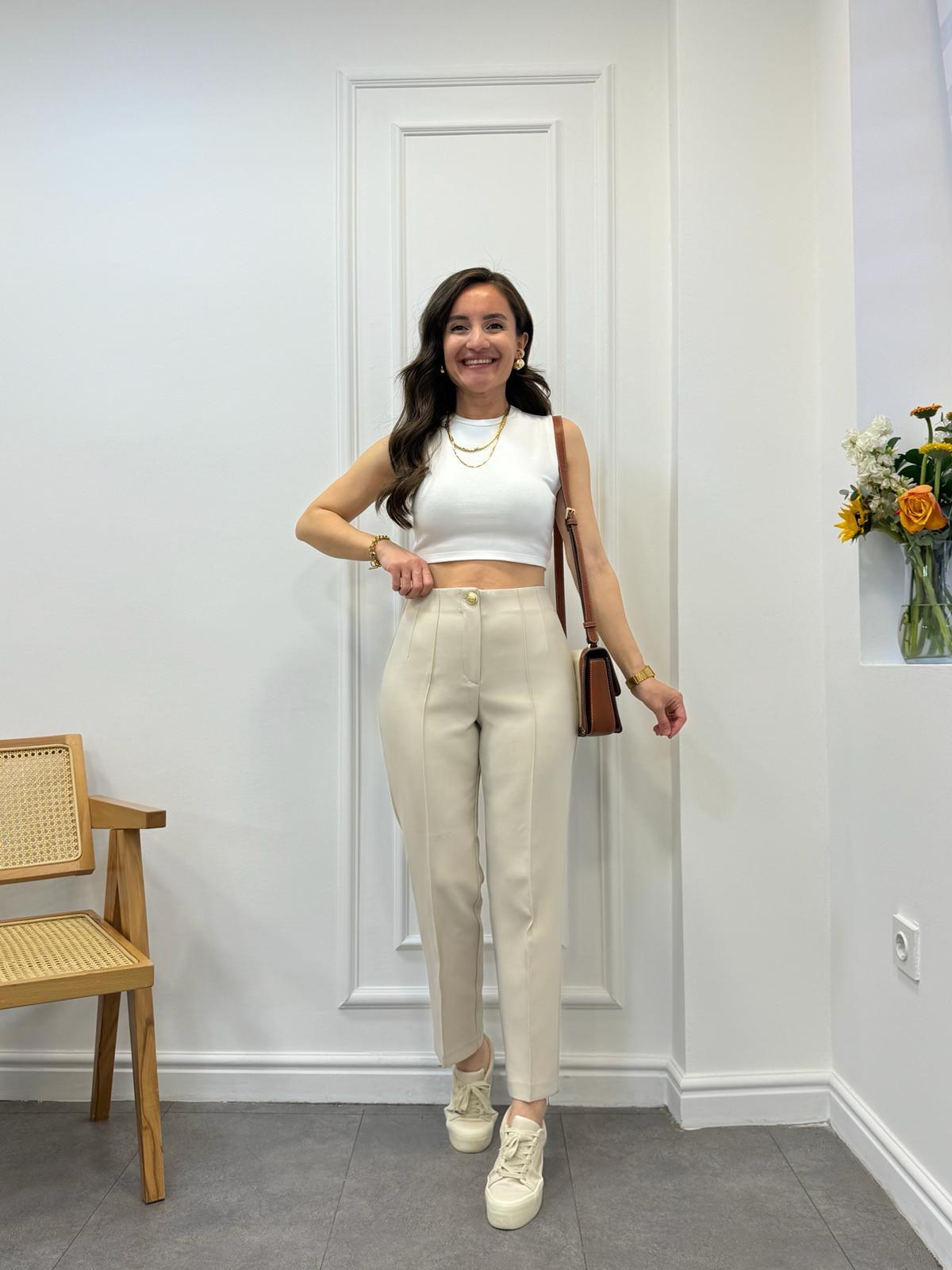 Taş Ön Dikişli Apolet Detaylı Kumaş Pantolon 4804