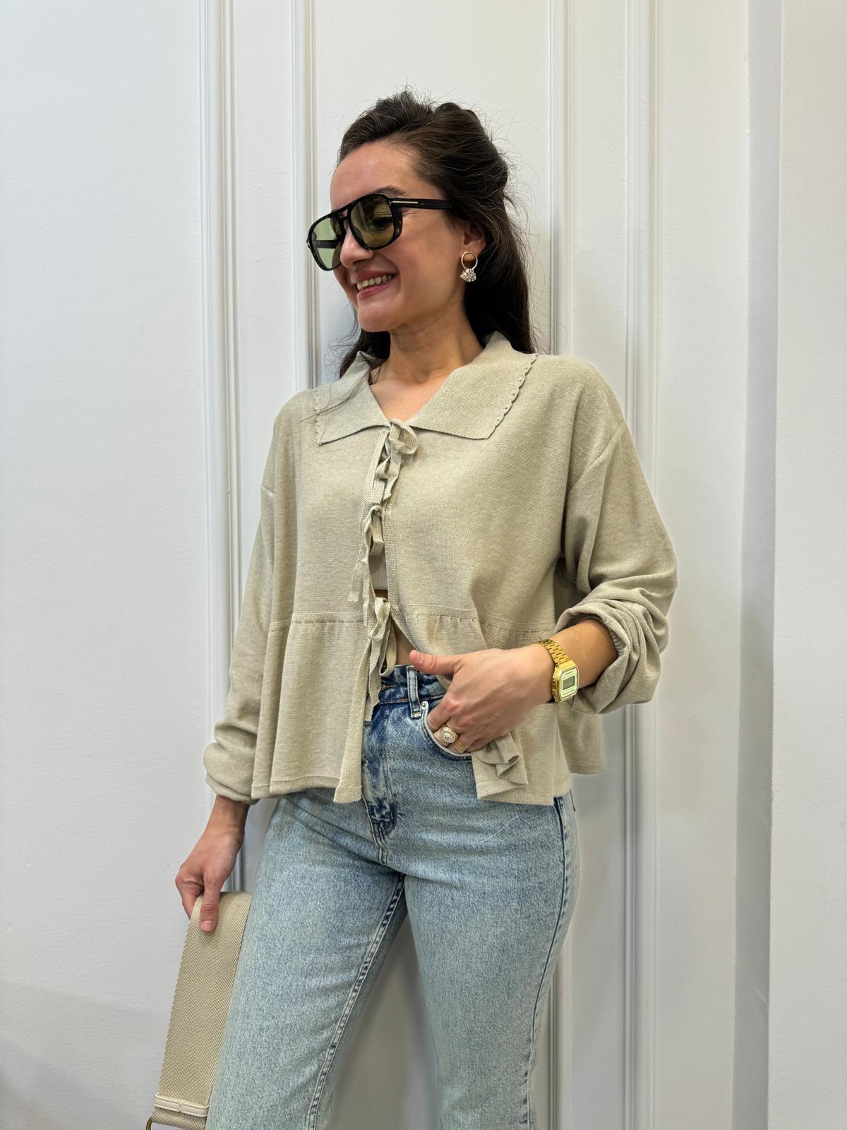 Taş Önden Bağlamalı Peplum Detaylı Hırka 4445