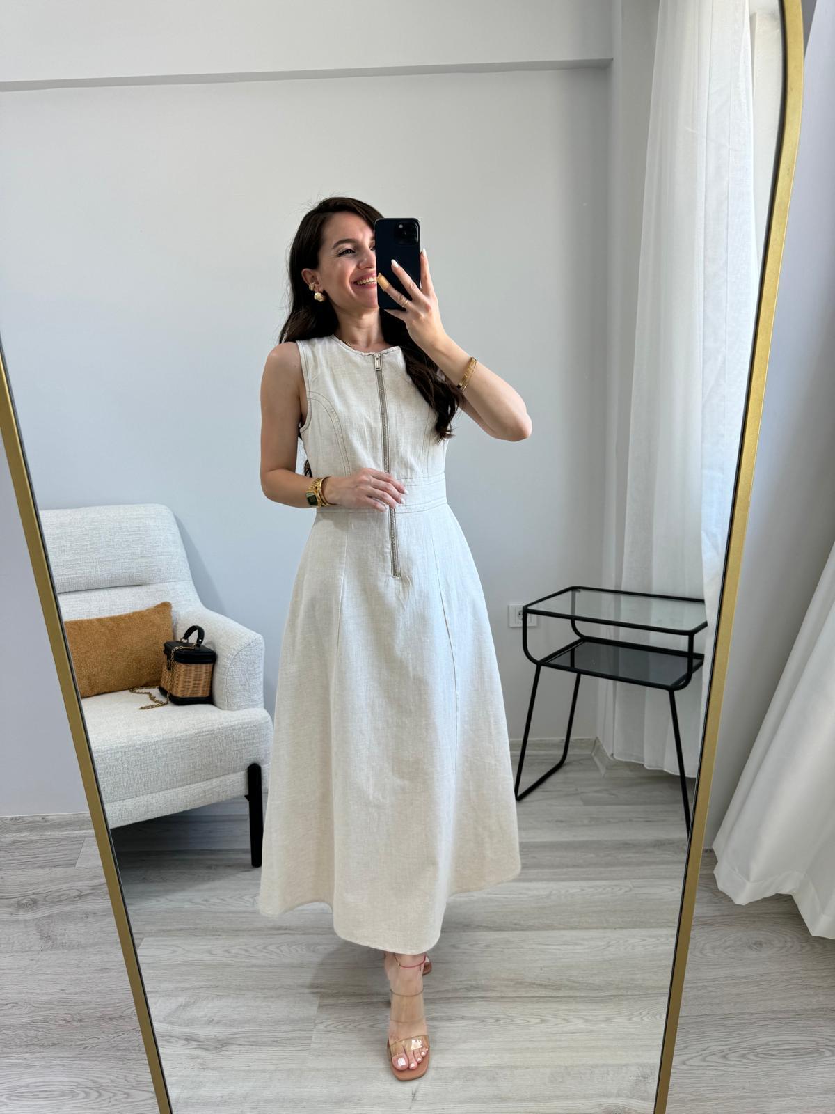 Taş Önü Fermuarlı Keten Elbise 35025